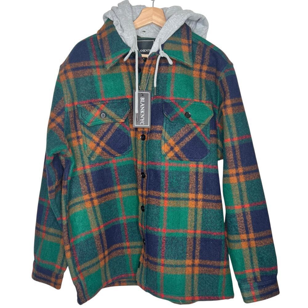 New Men’s BLANKNYC Plaid Button Front Hooded Shacket Size L - Picture 2 of 11